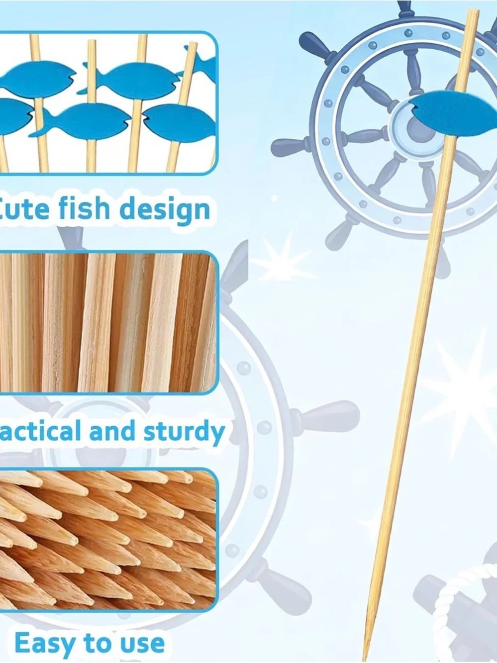 🐟Blue Fish Bamboo Cocktail Picks Party Skewers